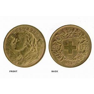 A Swiss Vrenelli 20 Francs gold coin; 1947, uncirculated, .900…