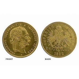 An Austrian 20 Francs gold coin; 1892, uncirculated, .900 gold.…