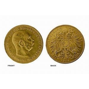 An Austrian 20 Corona gold coin; 1915 uncirculated, .900 gold.…