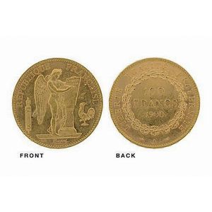 A French 100 Francs gold coin; featuring winged archangel…