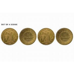 Four French 20 Francs gold coins; featuring winged archangel…