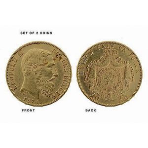 Two Belgian 20 Francs gold coins; Leopold 11, 1876,…