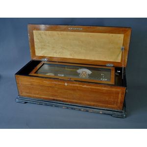 Swiss Nicole Freres music box. Inlaid walnut case. Twin spring…