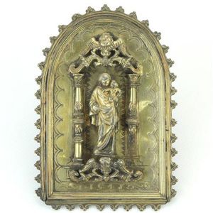 Early gilt brass Madonna & Child blessing plaque on an arched…