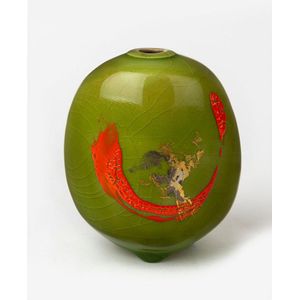 Greg Daly green and orange glazed pottery vase with gold&hellip;