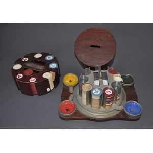 Schlesinger Poker chip set. Cedar cased chip dispenser, and 4…