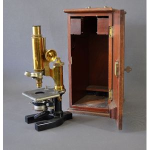 Cased Bausch and Lomb brass microscope. Early quick change…