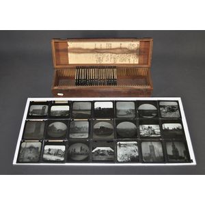 Cased 43 World War I magic lantern slides. Scenes of shelled…