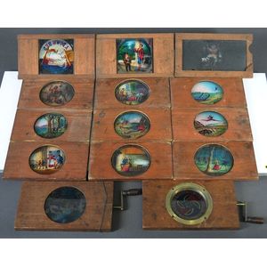 20 cedar mounted lantern slides and viewer, including animated;…