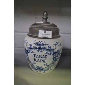 Dutch tin glazed blue and white tobacco jar with pewter lid.…