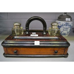 Antique Victorian wooden ink stand with two STG silver topped…