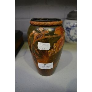 Vintage Australian poker work vase, blue Wren & berries. Approx…