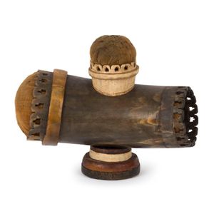 A Colonial folk art pin cushion, cedar, horn, natural fibre and…