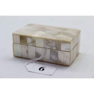 Mother of pearl box, hinged needle box with packets of needles