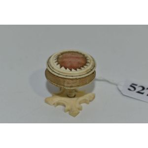 Antique pin cushion, carved ivory wheel with insert silk and…