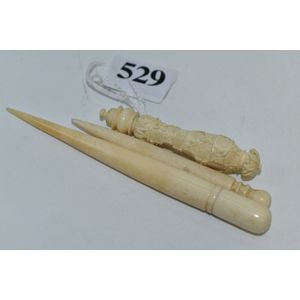 Antique sewing requisities, carved ivory, needle case bodkins