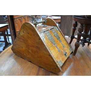 Antique brass strapped coal box with Tunbridge inlaid bands