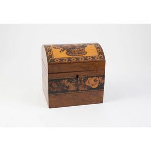Victorian Tunbridge ware tea caddy, domed cover, covered single…