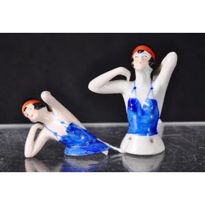 Two Art Deco German ceramic half dolls 6 cm high tallest approx.