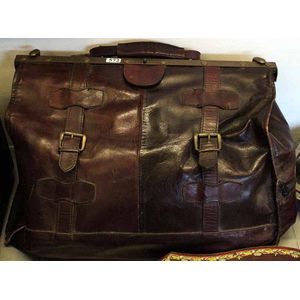 Antique Leather Gladstone Bag with Brass Fittings, French Doctors Case