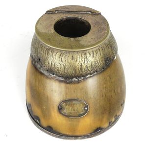 A late Victorian silver plate and horse hoof inkwell holder,…