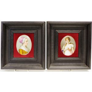 Pair vintage portrait miniatures on porcelain, each a portrait…