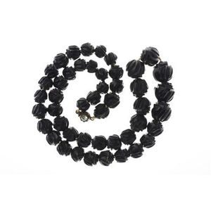 A graduated jet bead necklace, 9.7 13.8 mm round carved beads&hellip;
