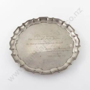Shaped circular salver stamped silver, with engraved…