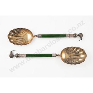 Pair George V sterling silver & greenstone handled serving…