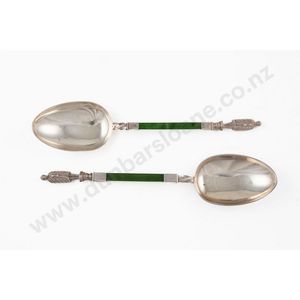 Two Victorian sterling silver & greenstone serving spoons very&hellip;