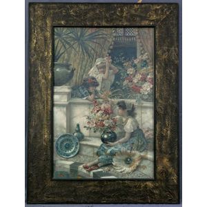 Early Pears print. Girls with flowers by a fish pond. On gilded…