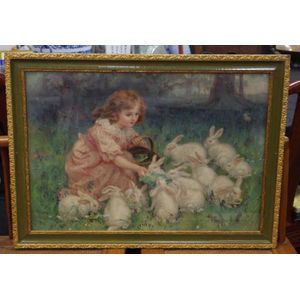 Framed vintage pears print, girl with basket feeding rabbits in…
