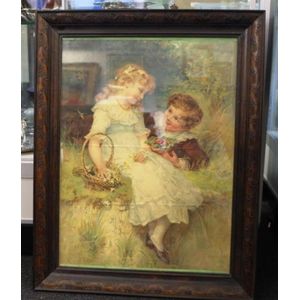 Framed vintage pears print, titled 'Sweet hearts' in carved…