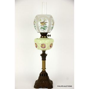 An antique fuel banquet lamp, 19th century, with a decorative…