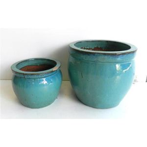 Two blue drip glazed garden pots, with small chip, height 14 &&hellip;