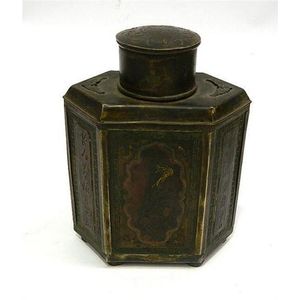 A Chinese tea caddy, of hexagonal form, each panel decorated…
