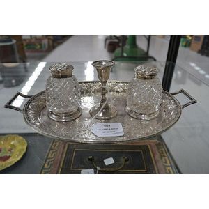 Antique English silver plated double bottled ink stand, seated…