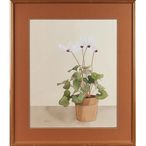 A floral watercolour by J Alvistion, framed behind glass.…