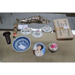 Mother of pearl fish bottle opener, army & Navy needle packets,…