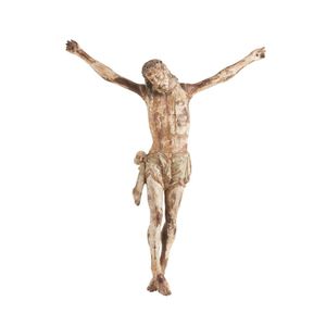 An antique carved and polychrome wood Corpus Christi, late 17th…