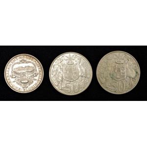 Australian 1927 Parliament House florin & 2@ 1966 50 cent coins…