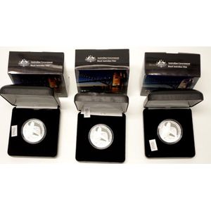 Three Australian 2007 RAM $5 proof silver coins commemorating…