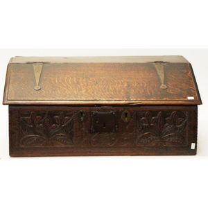 Antique 17th century carved wood bible box exterior facade with…