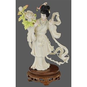 Carved Ivory Lady with Chrysanthemum Branch - Ivory - Oriental