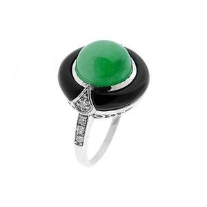 Green Jade & Onyx Ring with Diamonds - Rings - Jewellery