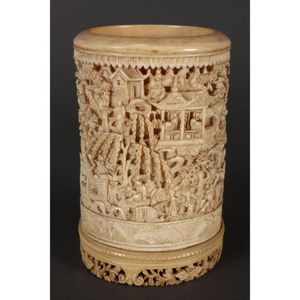 Collect Chinese Wood Hand-carved pattern painted Flower Pen container brush pot