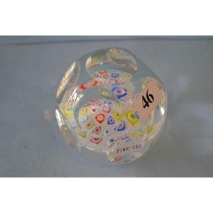 Murano faceted paperweight, spaced millefiori on muslin ground…