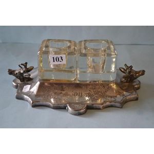 Silver plated ink stand with deer head decoration together with…