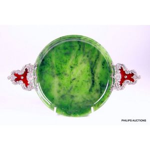 A Faberge silver gilt, enamel and diamond set nephrite tray,…
