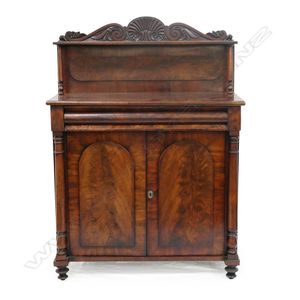 A Regency mahogany small chiffonier, carved back with one shelf…